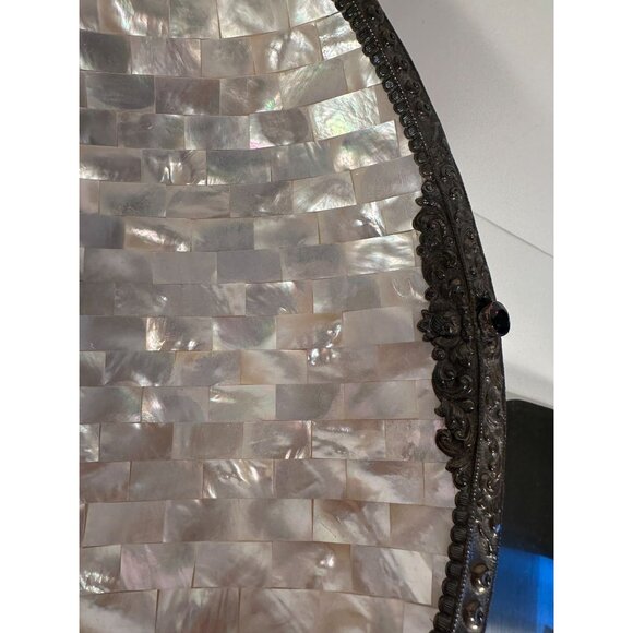 Handcrafted Mother-Of-Pearl Decorative Bowl With Ornate Metal Trim & Gem Accents - Picture 5 of 12